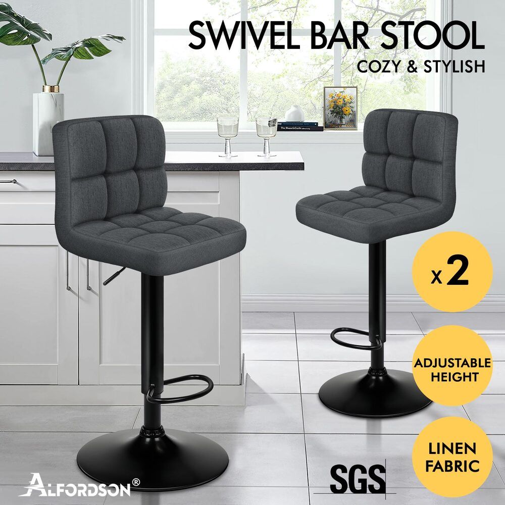 ALFORDSON 2x Bar Stools Ralph Kitchen Swivel Chair Fabric Gas Lift GREY