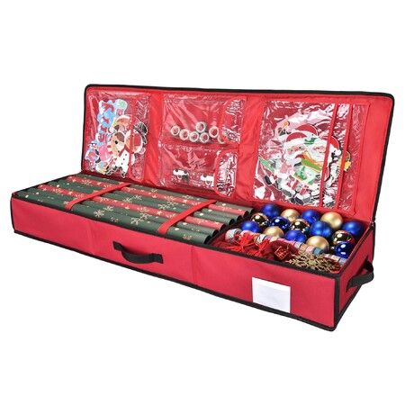 Red Storage Container for Bows, Ribbons and Wrapping Paper, Water-Resistant Christmas Gift Wrap Organizer with Interior Pockets,600D Oxford Fabric