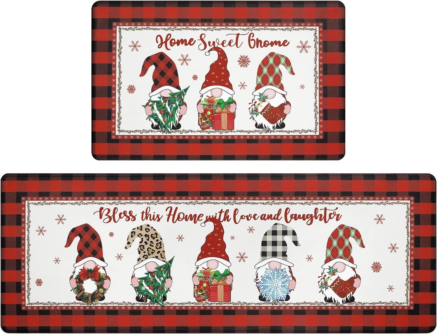 Christmas Kitchen Rug Set of 2 Non Slip Buffalo Plaid Gnomes Anti Fatigue Kitchen Rugs Floor Carpet Set for Winter Xmas Holiday Kitchen Decor