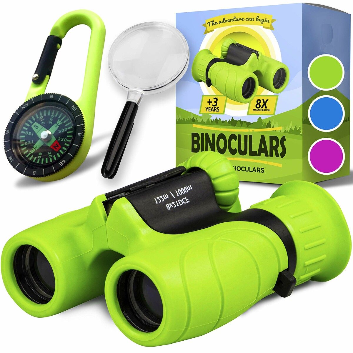 8*21 Magnification Binoculars for Kids, Set with Magnifying Glass And Compass Christmas Toys for Kids(Green)