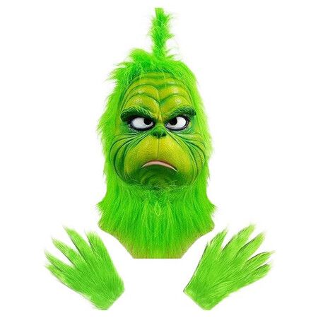 Green Monster Grinch Mask and Gloves for Adult Thief Cosplay Props, Christmas Decoration