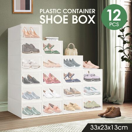 12PCS Plastic Shoe Boxes Stackable Organiser Large Storage Containers Drawers Sneaker Display Cases Bins Organizer Holder Unit with Clear Door