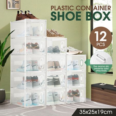 12PCS Plastic Shoe Boxes Clear Stackable Organiser Transparent Storage Containers Sneaker Display Cases Bins Holder Organizer Unit