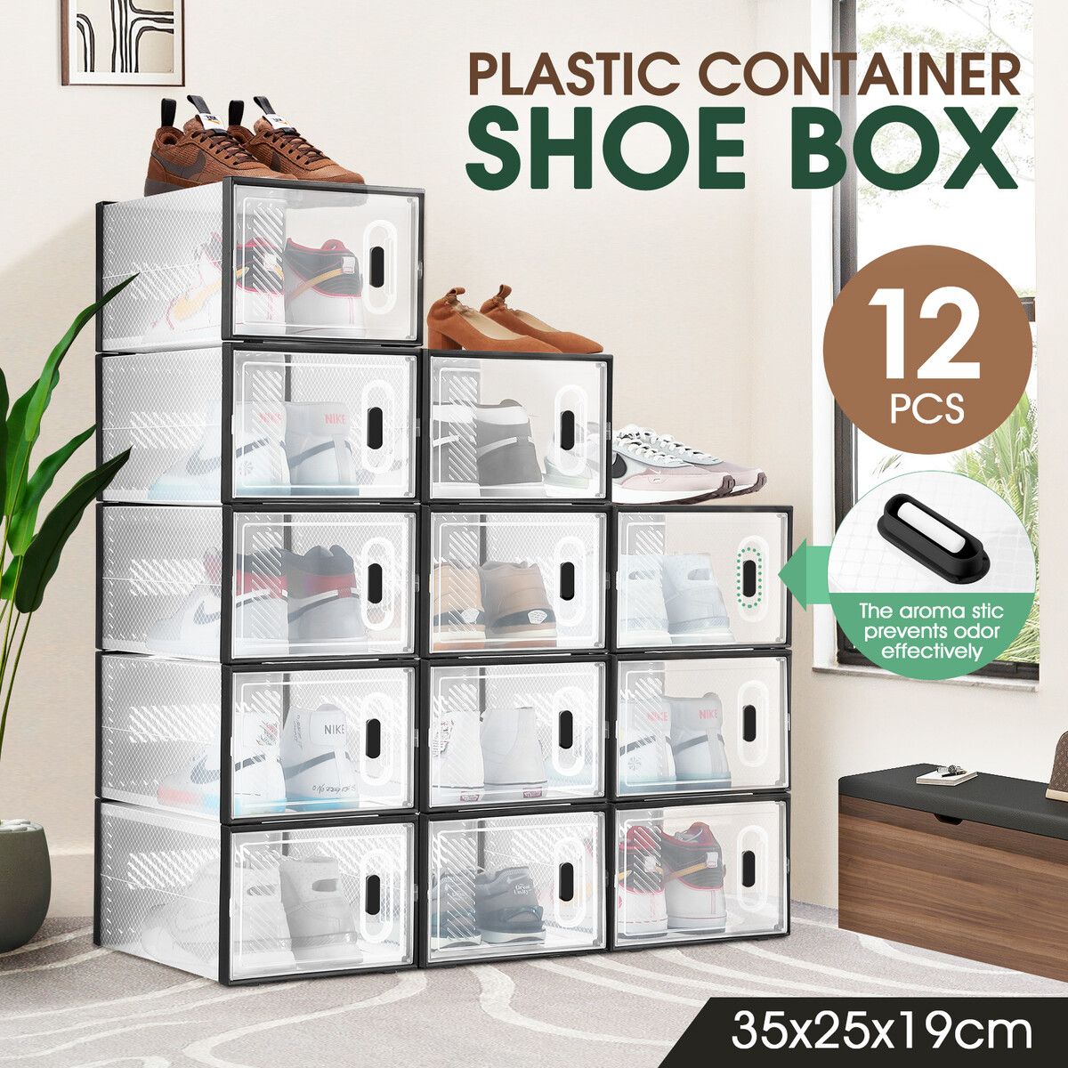 12PCS Plastic Shoe Boxes Clear Organiser Stackable Transparent Storage Display Cases Sneaker Containers Holder Bins Organizer Unit