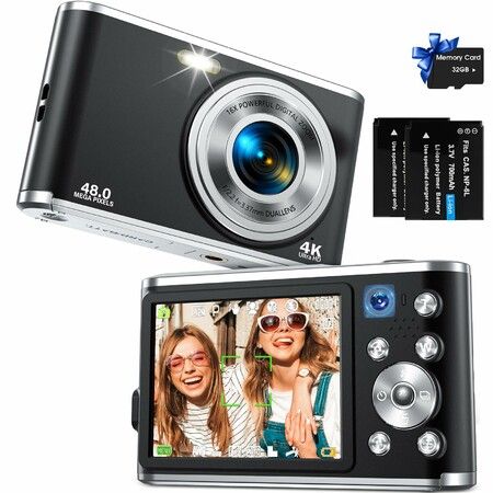 Digital Camera,Auto Focus FHD 4K Vlogging Camera with Dual Camera 48MP 16X Digital Zoom Kids Compact Camera with 32GB Memory Card Portable Point and Shoot Cameras for Teens Beginner Adult,Black