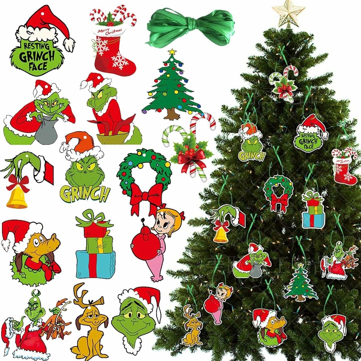 Grinch Christmas Tree Ornaments, 15 Pieces Grinch Paper Christmas Hanging Ornaments for Holiday Decorations