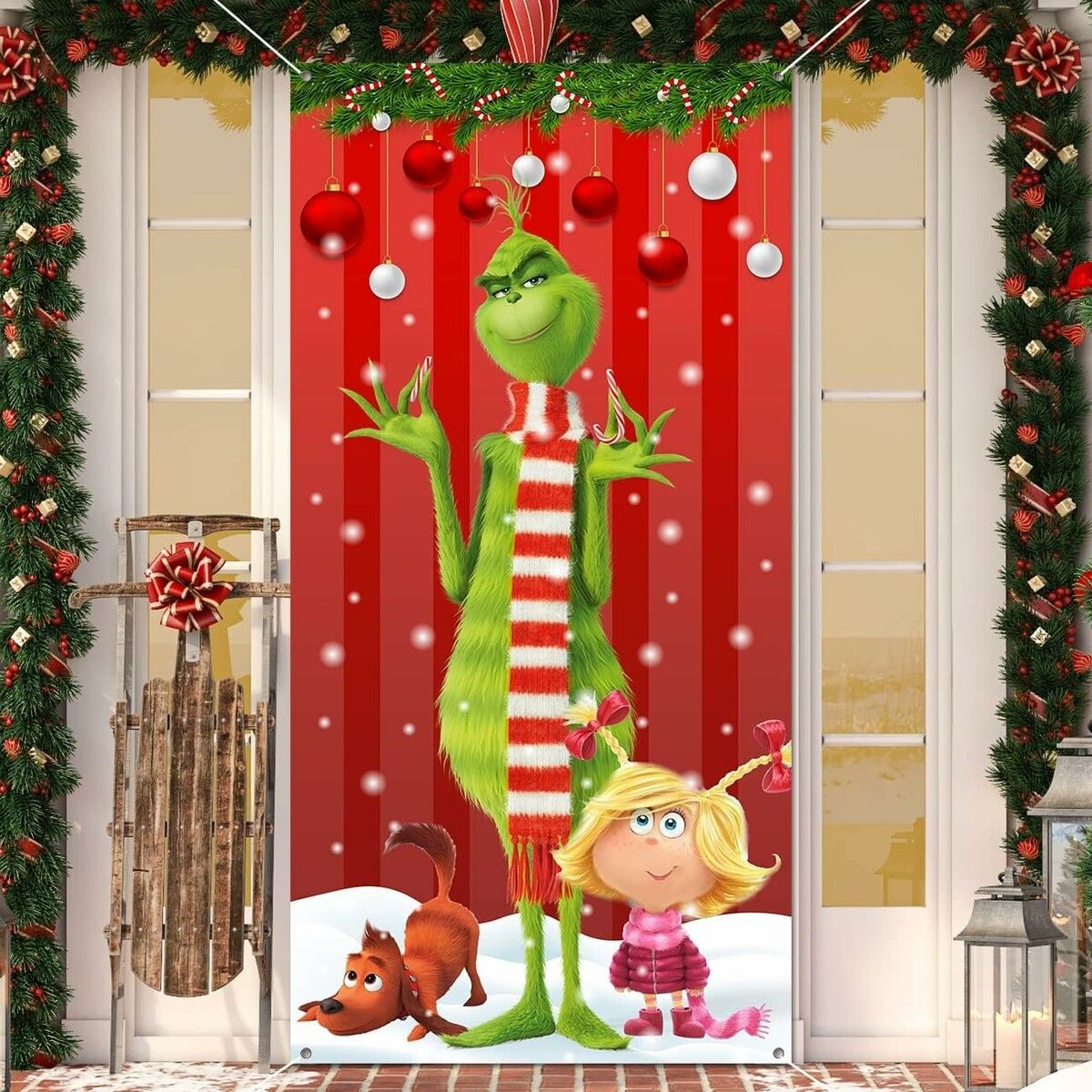 Grinch Christmas Decorations Grinch Door Cover Red Backdrop Funny Xmas Hanging Banners Merry Christmas Porch Sign for Indoor Outside