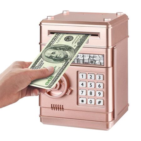 Electronic Piggy Bank, Mini ATM Password Money Bank Cash Coins Saving Box for Kids Age 6 to 12 (Rose Gold)