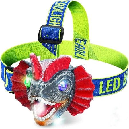 Dinosaur Headlamp for Kids Outdoor LED Dinosaur Headlight for Kids Sound and Mute Mode Kids Flashlight Toy Camping Accessories Christmas Gifts