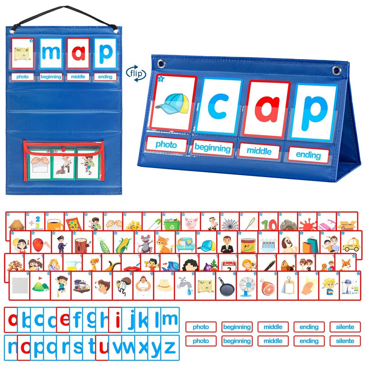 CVC Word Builder Desktop Pocket Chart Tent Cards Kit Phonics Games Flash Cards for Classroom Spelling Educational Toy for Kids