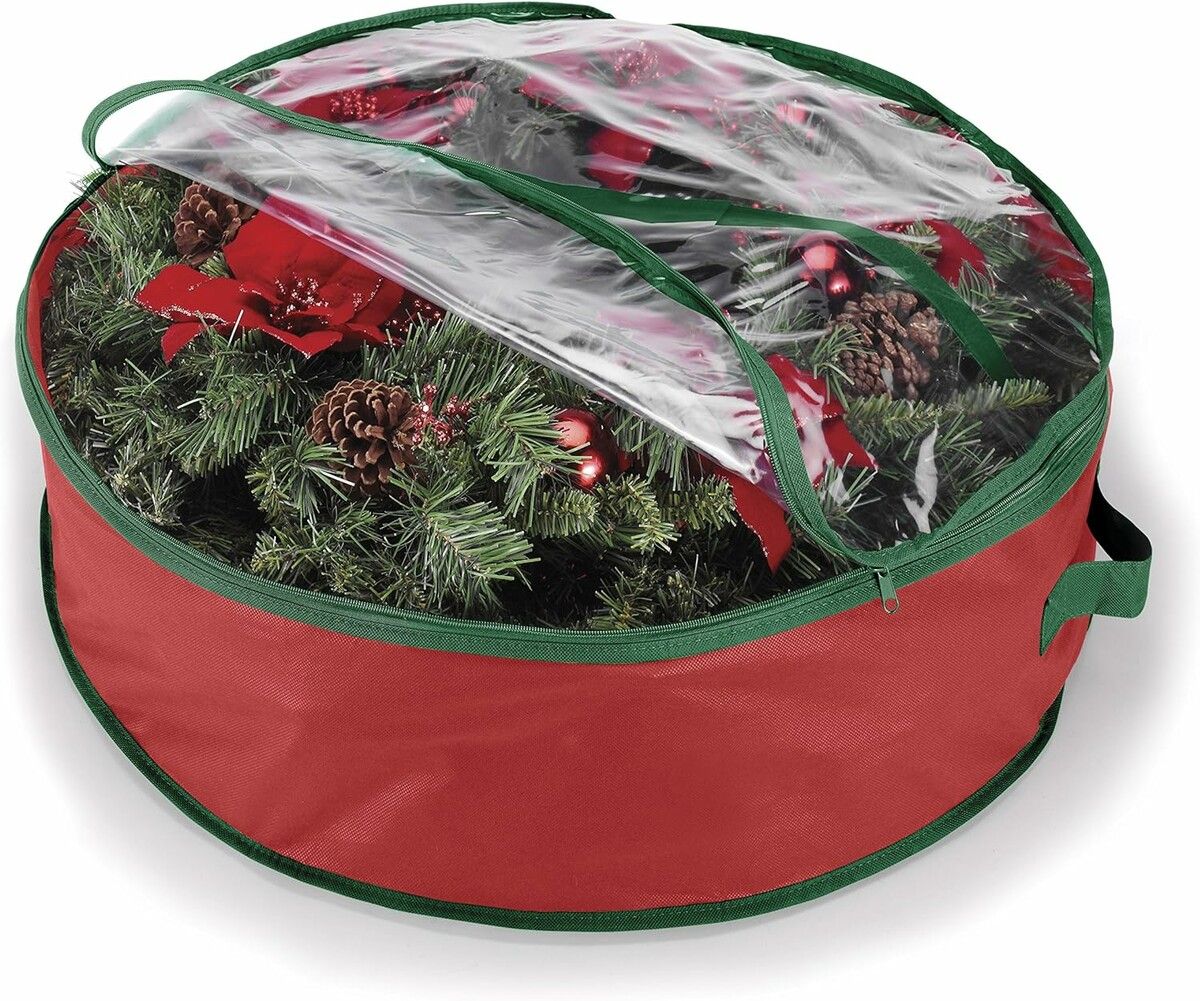 Red 76*20cm Wreath Storage Bag,Dual Zippered Wreath Bag,Durable Stitch Reinforced Handles,Non-Woven Wreath Christmas Storage