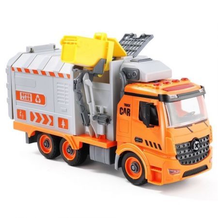 Recycling Garbage Truck Toy, Kids DIY Assembly Friction Powered Side-Dump Garbage Toy for Age3+(Orange)