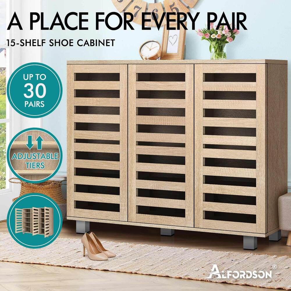 ALFORDSON Shoe Cabinet Organiser Storage Rack Drawer Shelf 30 pairs Oak