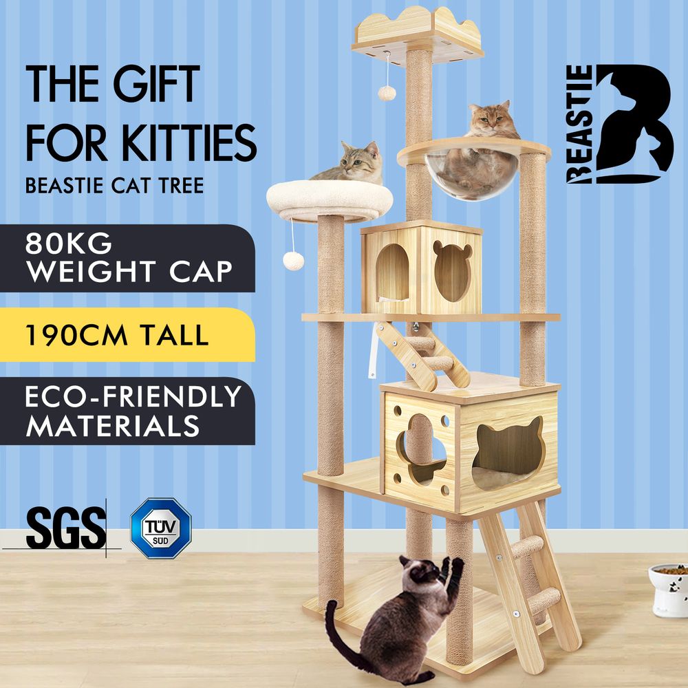 BEASTIE Cat Tree Tower Scratching Post Wood Scratcher Condo House Bed 190cm