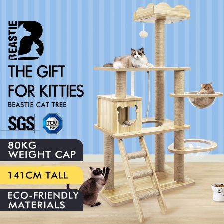 BEASTIE Cat Tree Tower Scratching Post Wood Scratcher Condo House Bed 141cm