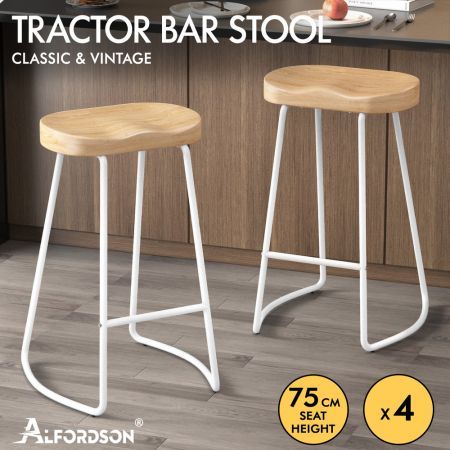 ALFORDSON 4x Bar Stools 75cm Tractor Kitchen Wooden Vintage Chair White