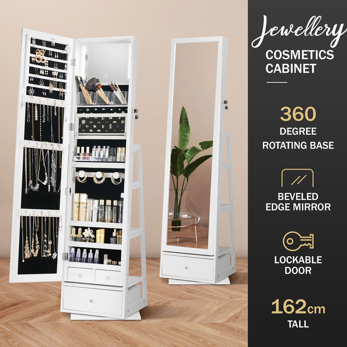 Rotating Jewellery Storage Shelf 360 Degree Cabinet Mirror Organiser Box Floor Stand for Earring Necklace Ring White