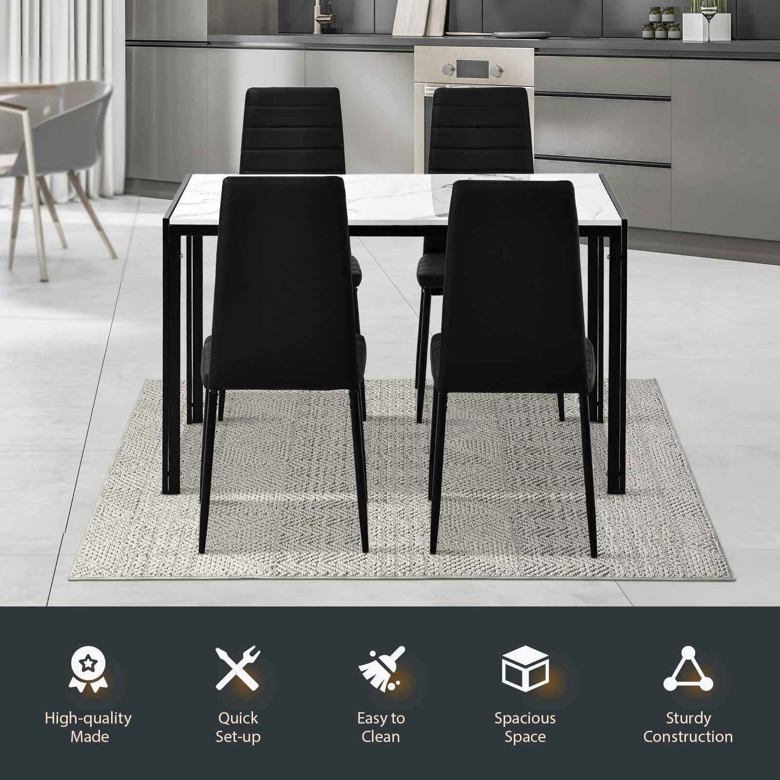 Marble Dining Table Set 4 Chairs Faux Marble Large Glossy Desk Modern Restaurant Kitchen Bedroom Office Work White