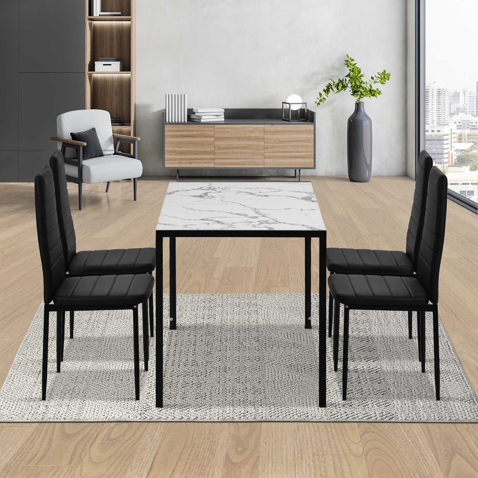Marble Dining Table Set 4 Chairs Faux Marble Large Glossy Desk Modern Restaurant Kitchen Bedroom Office Work White