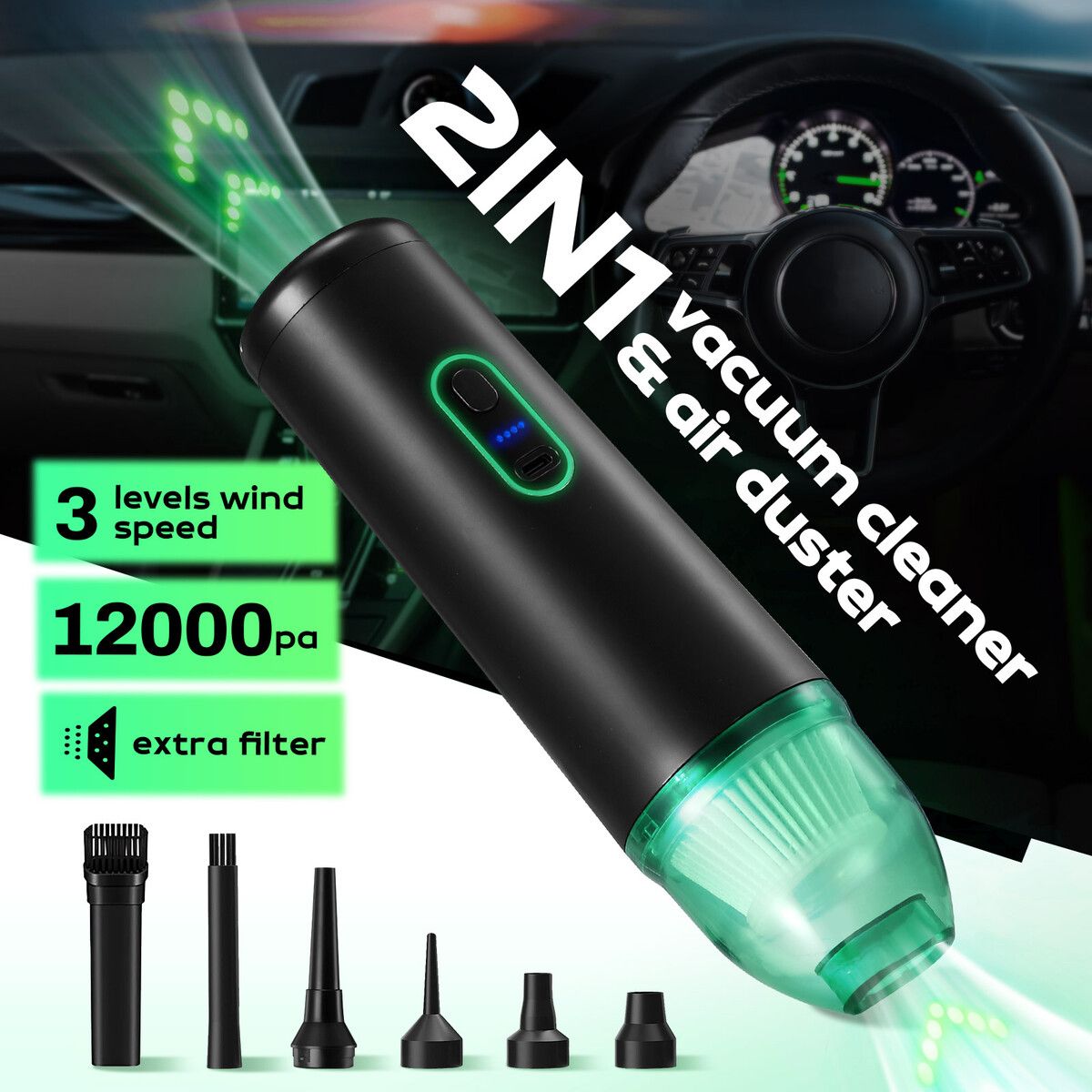 2 in 1 Cordless Car Vacuum Cleaner Air Duster Blower Vehicle Interior Cleaning Kit Suction Vac Handheld Portable Type-C Fast Charge 12kpa