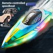 RC Boat for Kids 8-12,  Fast Remote Control Boat with LED Lights, 2.4G RC Electric Boats Pool and Lakes Toys for Adults (Transparent Blue)