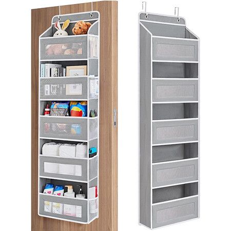 1-Grey Over Door Organizer with 5 Large Pockets 10 Mesh Side Pockets, 44 lbs Weight Capacity Hanging Storage Organizer for Kids Toys, Shoes