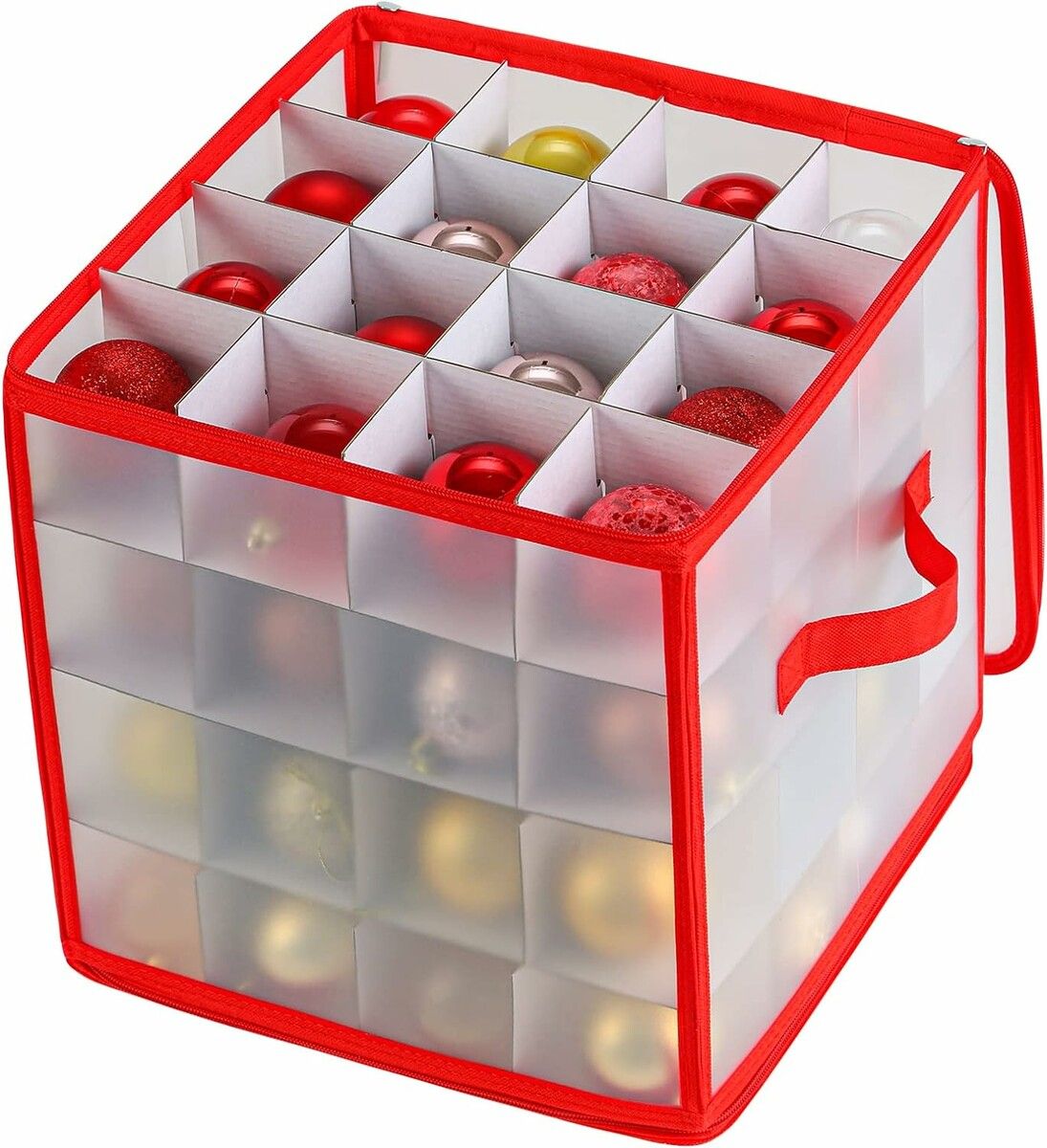 1-Red Plastic Christmas Ornament Storage Box with Zippered Closure, Hold 64 Christmas Balls Holiday Ornaments Storage Cube Organizer Dividers