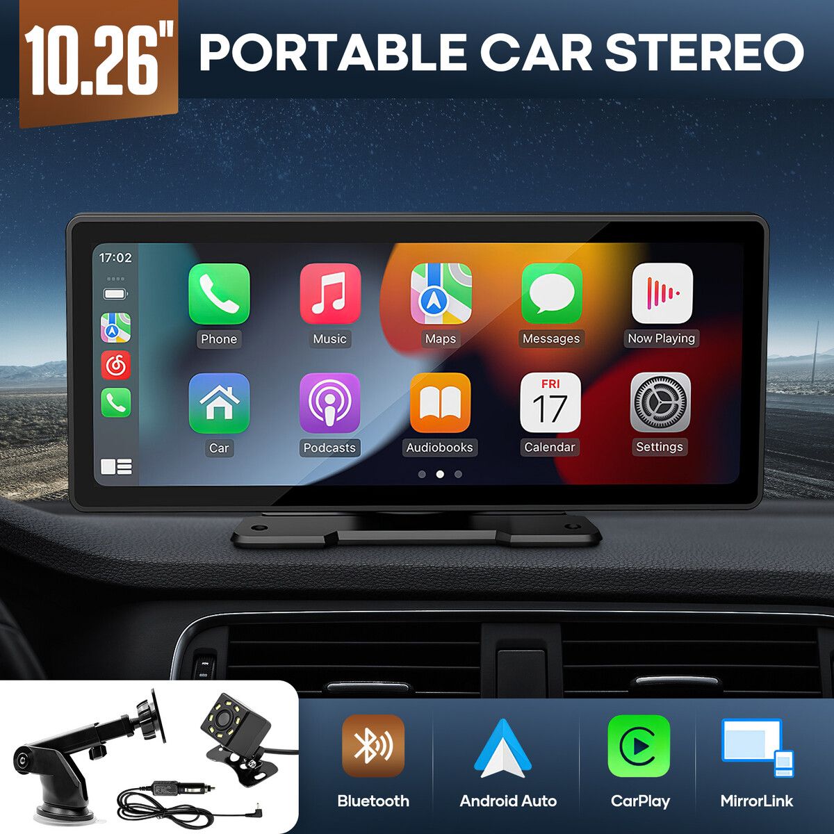 10.26 Inch Portable Car Stereo Radio Apple Carplay Android Auto MP5 Player Bluetooth Head Unit Audio System Touchscreen with Camera