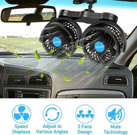 Car Fan 4 Inches Car Clip Fan, Adjustable Dual Head 12v Fan for Front or Rear Seat Passenger for Car Vehicle SUV, RV