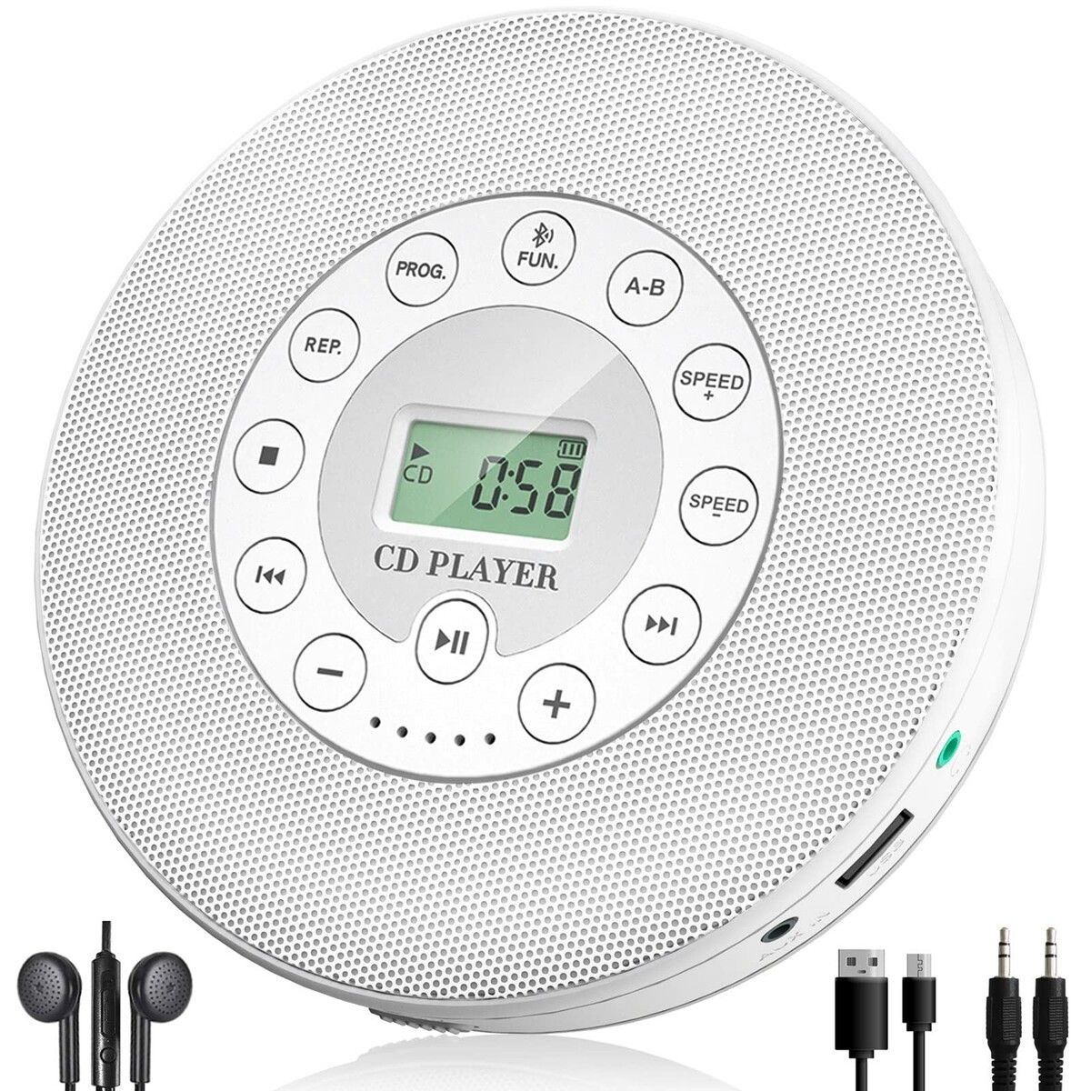 Portable CD Player Built-in Speaker Stereo, Personal Walkman MP3 Players 2000mAh Rechargeable Compact Car Disc CD Music Player USB Play Anti-Shock Protection (White)