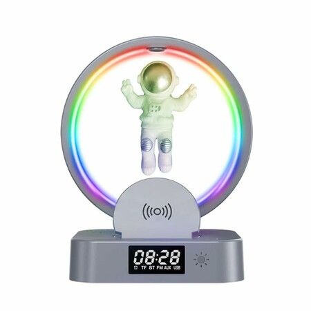 3 in-1 Magnetic Levitation Astronaut Bluetooth Speaker Alarm Clock with Night Light for Bedroom Home Office Decor for Kids Adults (Silver)