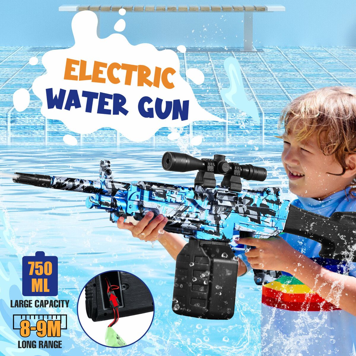 Electric Water Squirt Gun Pistol Toy Blaster High Powered Long Range Rechargeable Battery Soaker Shooter Adult Kid Pool Beach Outdoor Party 750ml