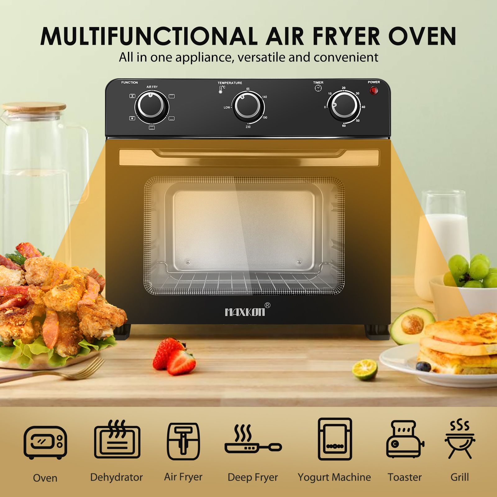 Maxkon Large Air Fryer Oven Big Air Cooker Toaster Electric Oil Free 28L 1600W Dual Cook Function Kitchen Appliance