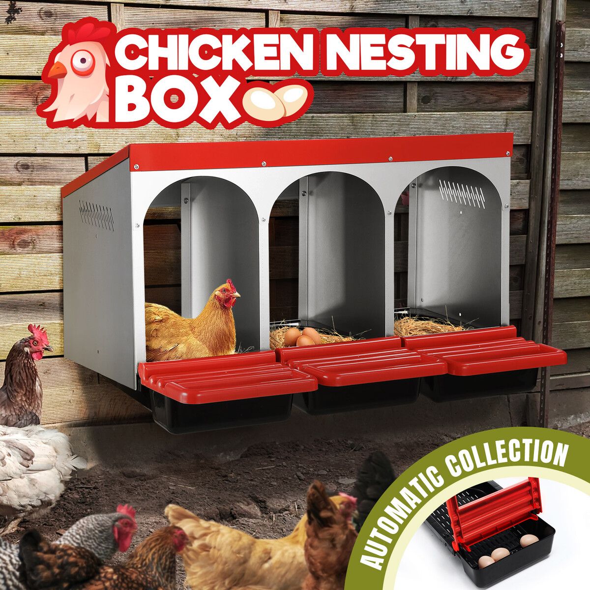 3 Hole Chicken Nesting Box Hen Roll Away Laying Boxes Chook Nest Brooder Poultry Egg Coop Roost Perch Galvanised Steel Plastic with Vents Lid