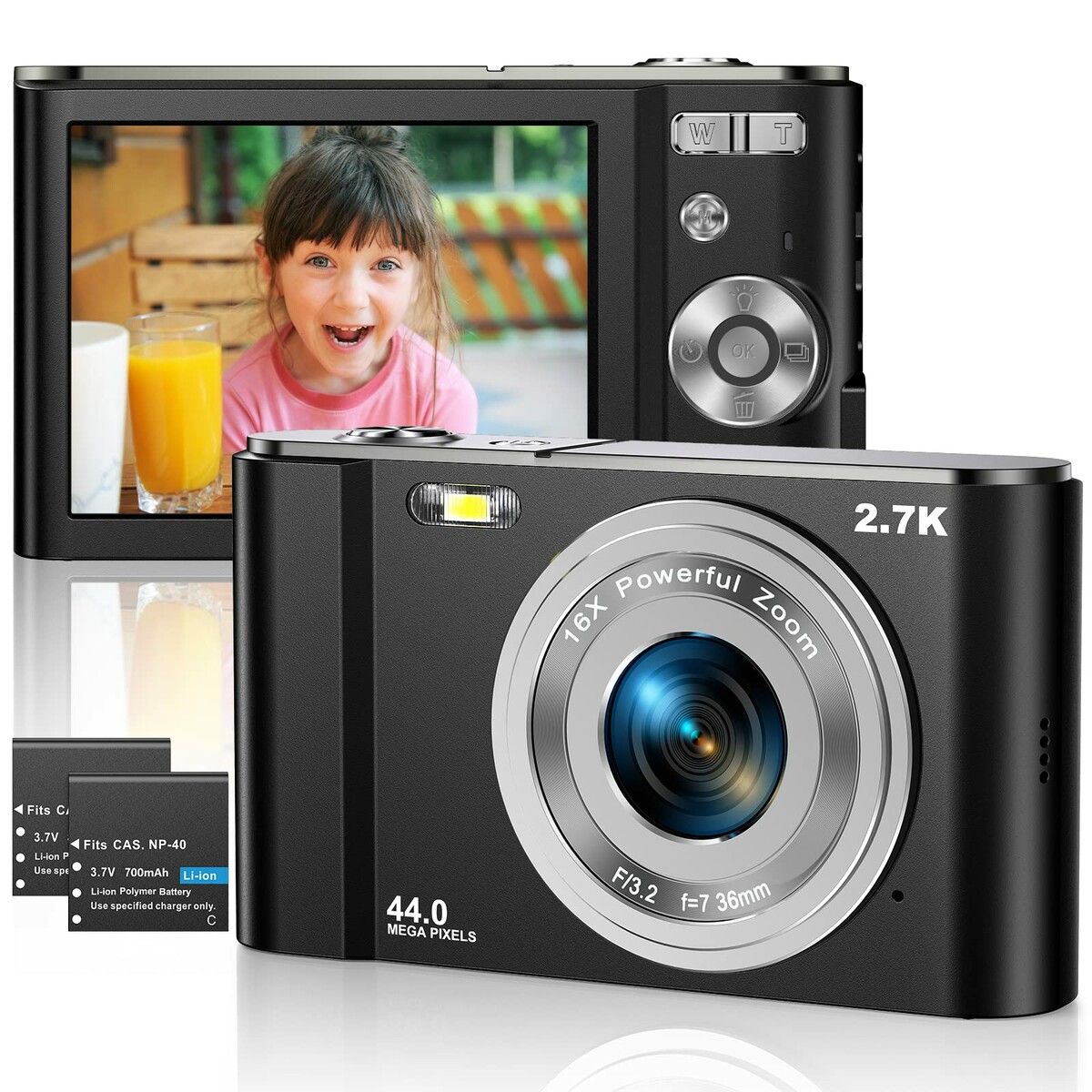 Digital Camera 2.7K Ultra HD Mini Camera 44MP 2.8 Inch LCD Screen Rechargeable Students,Compact Pocket Camera with 16X Digital Vlogging Camera (Black)