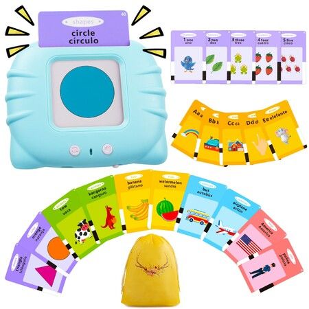 Bilingual Flash Cards English Spanish Audible Sound Toy  Learning Spanish For Kids Adults Speech Therapy Language Development 224 Words COL Blue
