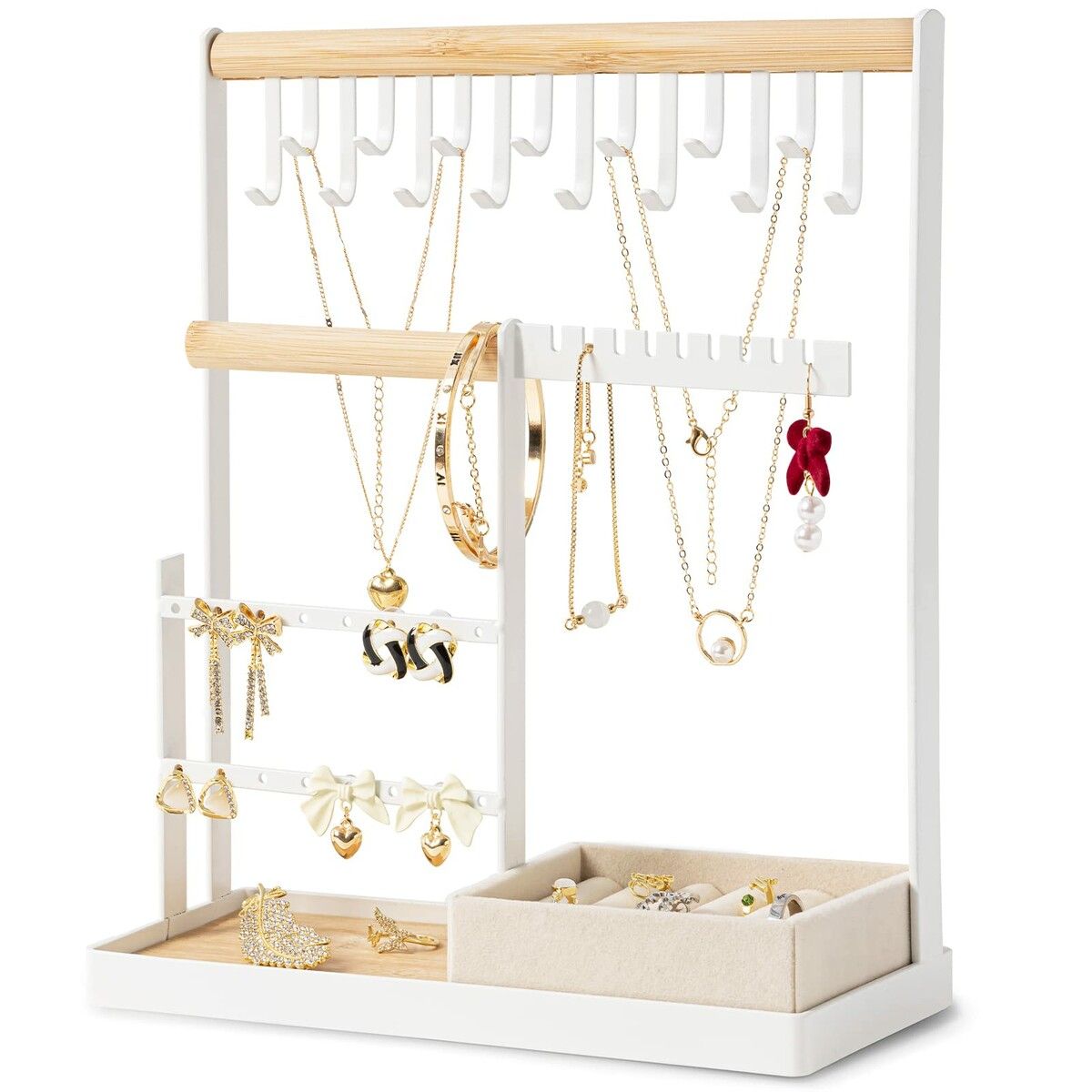 Jewelry Organizer Stand with Velvet Ring Holder,4 Tier Jewelry Holder Organizer with 15 Hooks Necklace Organizer and Watch Bracket Holder,Jewelry Stand with 16 Holes for Earring Holder,White