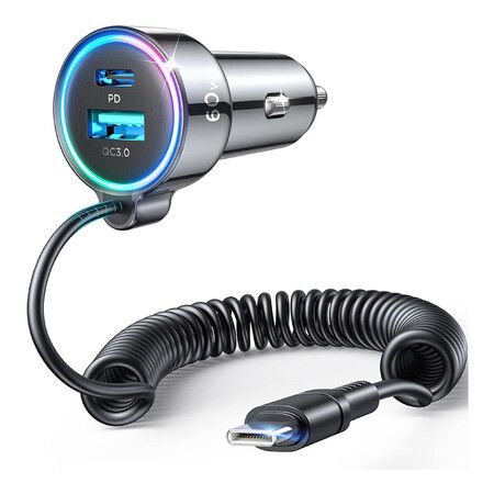 USB C 60W Super Fast Car Charger PD and QC3.0 with 5ft 30W Type C Coiled Cable for iPhone 15 Pro Max Plus, Android, iPad Pro