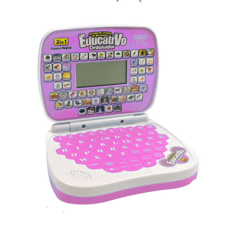 Pink-Bilingual Spanish English Learning Small Laptop Toy with Screen,Educational Computer to Learn Alphabet ABC,Numbers,Words,Spelling,Maths,Music.