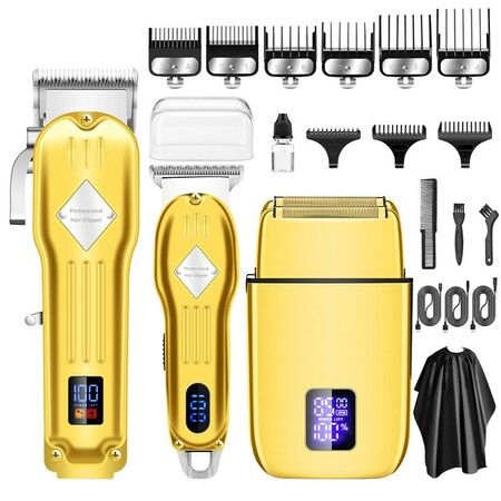 Electric Hair Trimmer Barber Cordless Full Set And Trimmer Set  Rechargeable Hair Beard LED Display for Men(Gold)