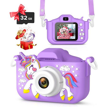 Kids Camera Toys for Ages 3-12, Unicorn Camera for Kids, Christmas Birthday Festival Gifts for Girls, Toddler Digital Video Camera, 32G SD Card