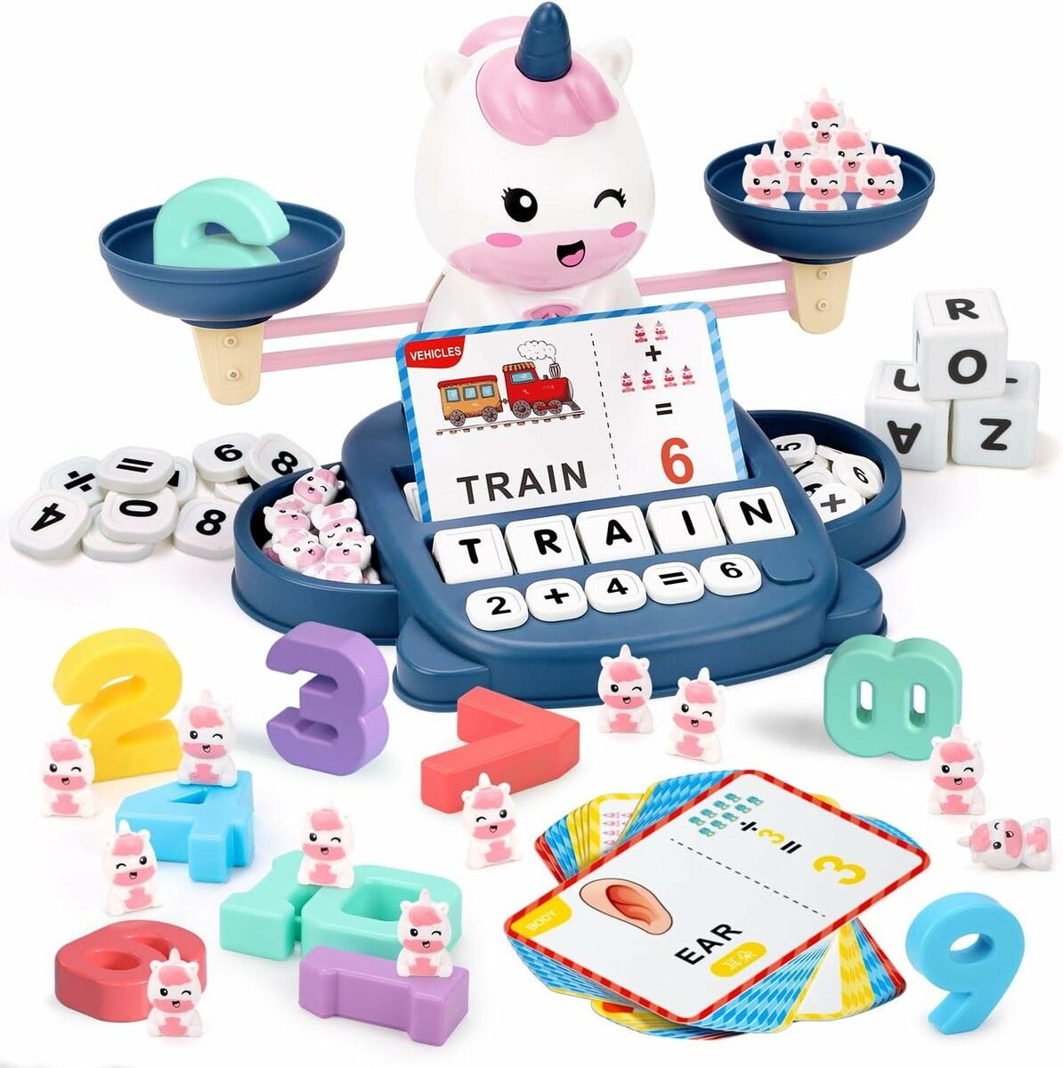 Unicorns English Learning Toy Set,Balance Counting Math Toy with Matching Letter Spelling Games，Math & Cards Learning Preschool Educational Game，Gift