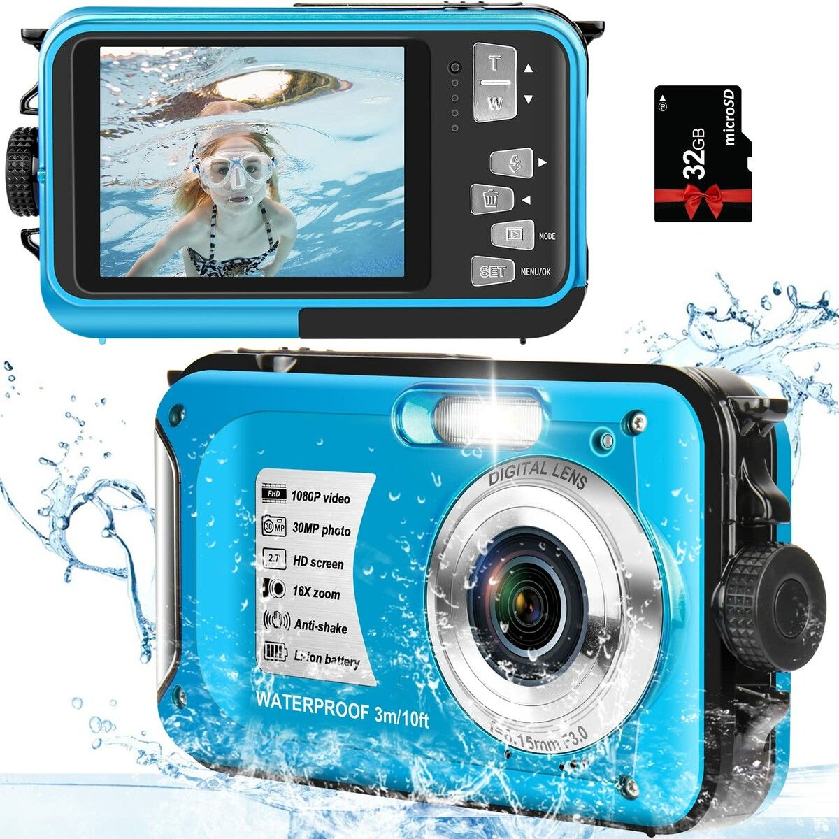 Underwater Camera with 32GB Card 10FT 30MP FHD 1080P Waterproof Camera Compact 16X Digital Zoom Waterproof Digital Camera for Snorkeling (Blue)