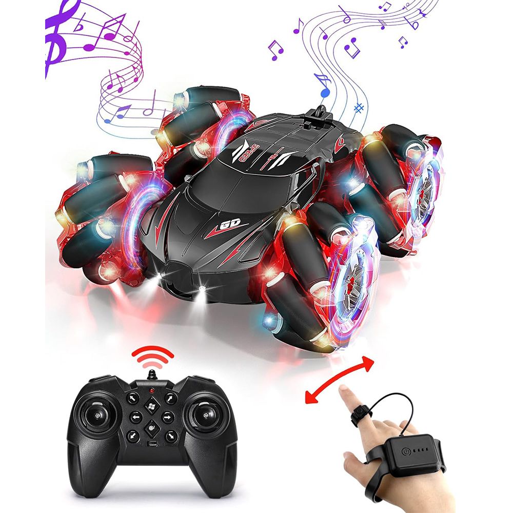 2.4GHz Remote Control Stunt Car, 4WD Gesture Sensing with Cool Light and Music, Double Sided RC Cars with 360° Flip for Kids Ages 6-12 Years, Gifts Birthday Toy Cars (Red)