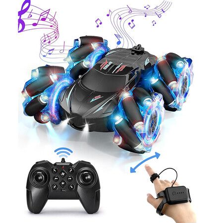 2.4GHz Remote Control Stunt Car, 4WD Gesture Sensing with Cool Light and Music, Double Sided RC Cars with 360° Flip for Kids Ages 6-12 Years, Gifts Birthday Toy Cars (Blue)