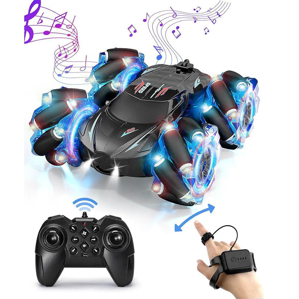 2.4GHz Remote Control Stunt Car, 4WD Gesture Sensing with Cool Light and Music, Double Sided RC Cars with 360° Flip for Kids Ages 6-12 Years, Gifts Birthday Toy Cars (Blue)