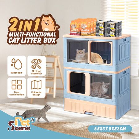 Cat Litter Box Tray 2 in 1 Kitty Enclosure House Bed Cave Toilet Villa Cabinet Condo Furniture Stackable Foldable Blue Pink