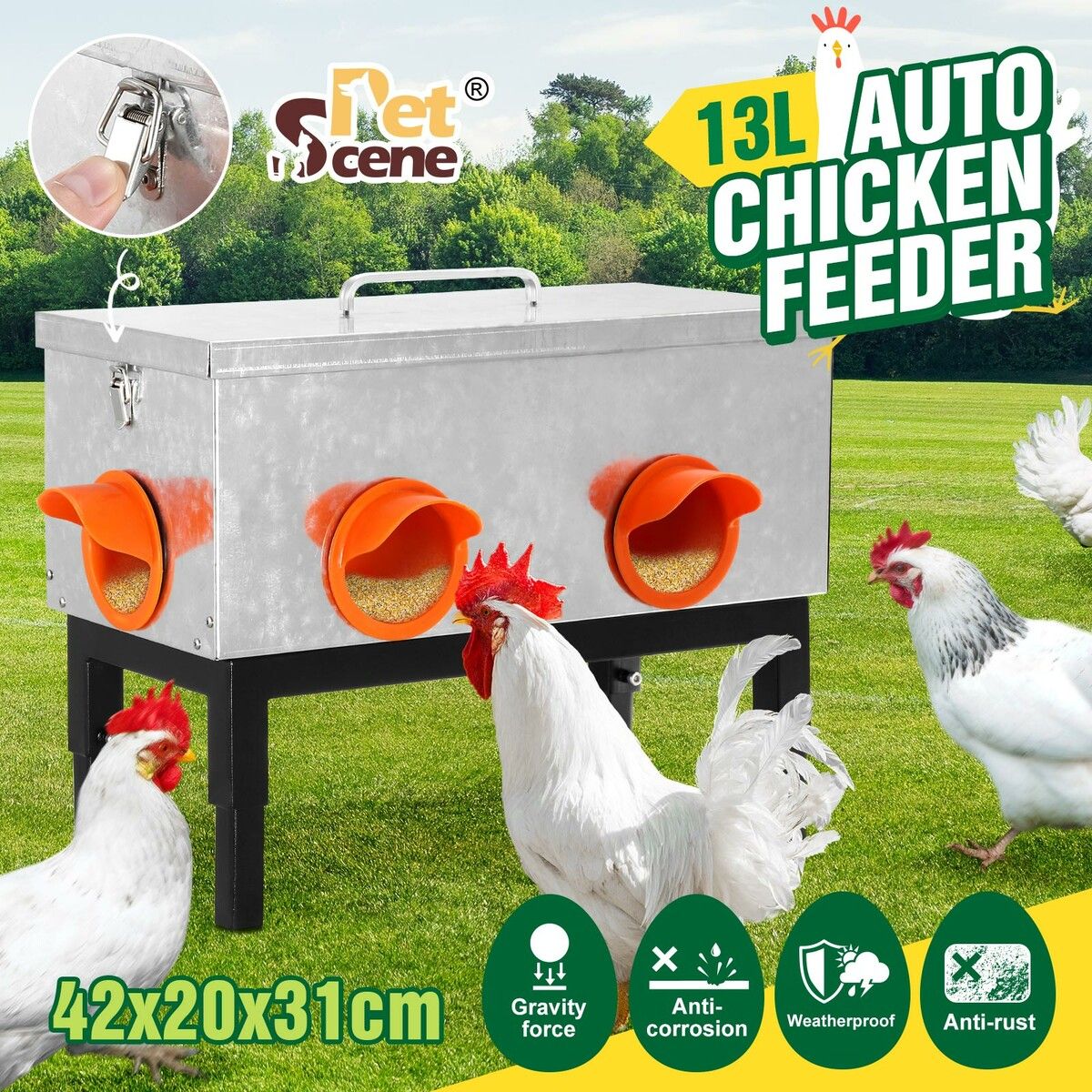 Auto Chicken Feeder 13L Automatic Coop Chook Hen Poultry Food Dispenser 4 Feeding Port Gravity Fed Waterproof Galvanized Steel Adjustable Stand