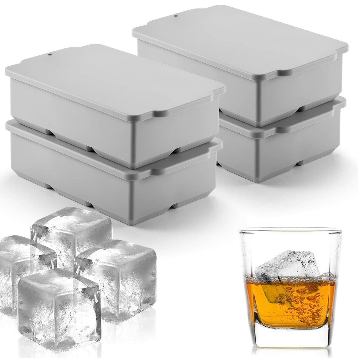 Large Ice Cube Tray with Lid,Stackable Big Silicone Square Ice Cube Mold for Whiskey Cocktails Bourbon Soups Frozen Treats,Easy Release BPA Free (Grey,4Pack)