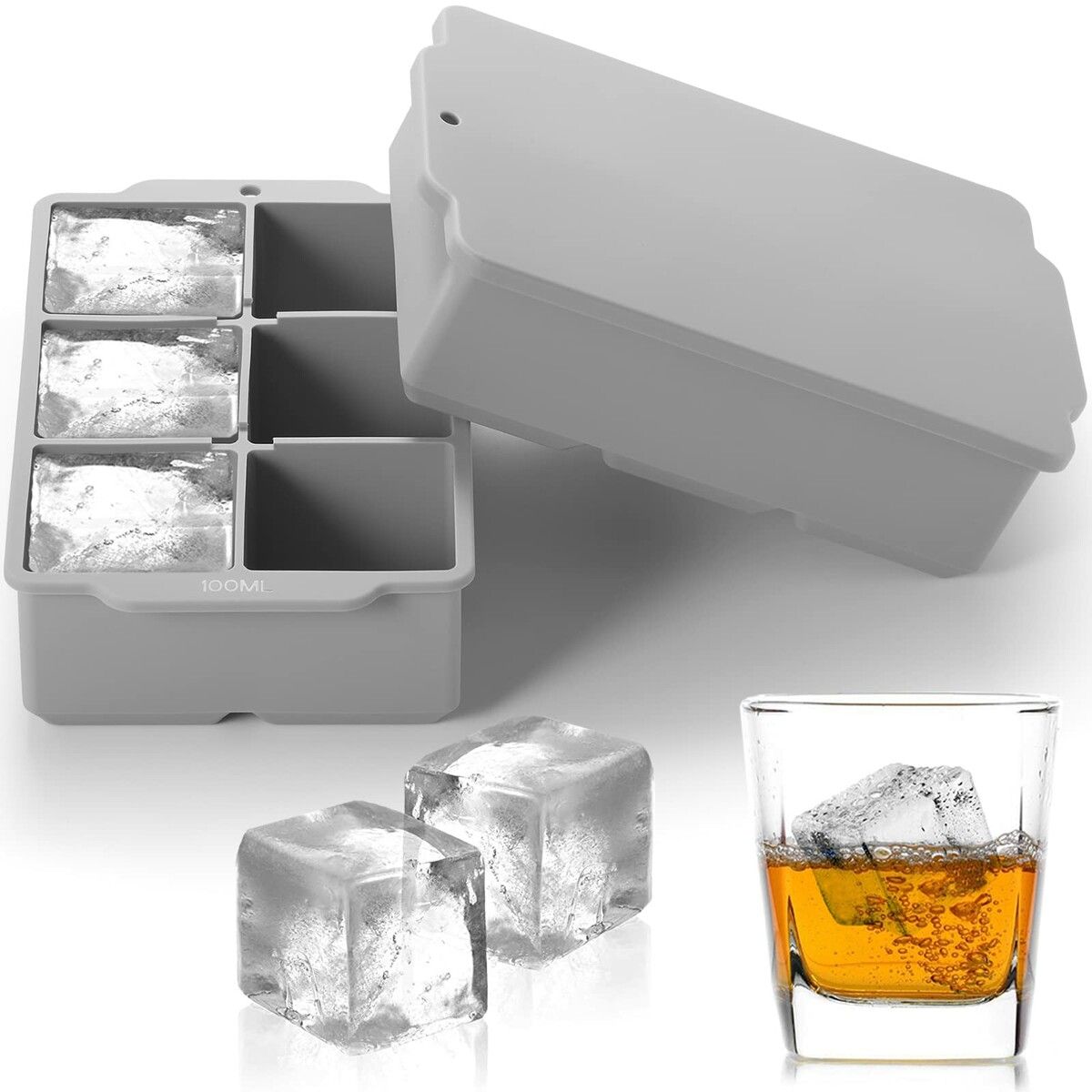 Large Ice Cube Tray with Lid,Stackable Big Silicone Square Ice Cube Mold for Whiskey Cocktails Bourbon Soups Frozen Treats,Easy Release BPA Free (Grey,2Pack)